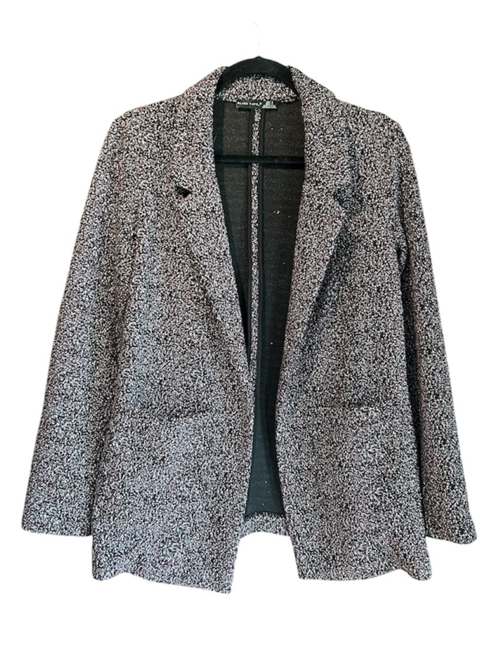 Black Tape_ Black, Burgundy and White Speckled Open-Front Blazer